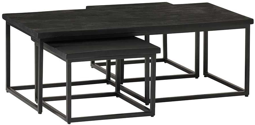 Pharao24.de Sofa Tisch Set Industriestil in Schwarz Massivholz und Metall (dreiteilig)