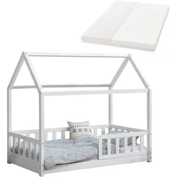 Juskys Kinderbett Marli 80 x 160 cm mit Matratze, Gitter, Lattenrost & Dach - Bett Weiß