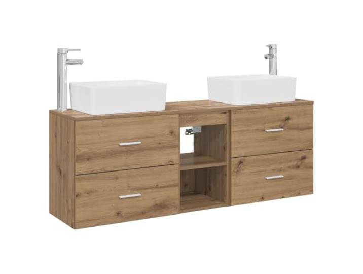 KTHLBRH Badezimmer-Schrank-Set 3-teilig Eiche Handwerk Holz 2 x Wandwaschbecken, 1 x Zwischenschrank, 4 x Schubladen, 1 x Einlegeboden, Wandmontage, Innengebrauch