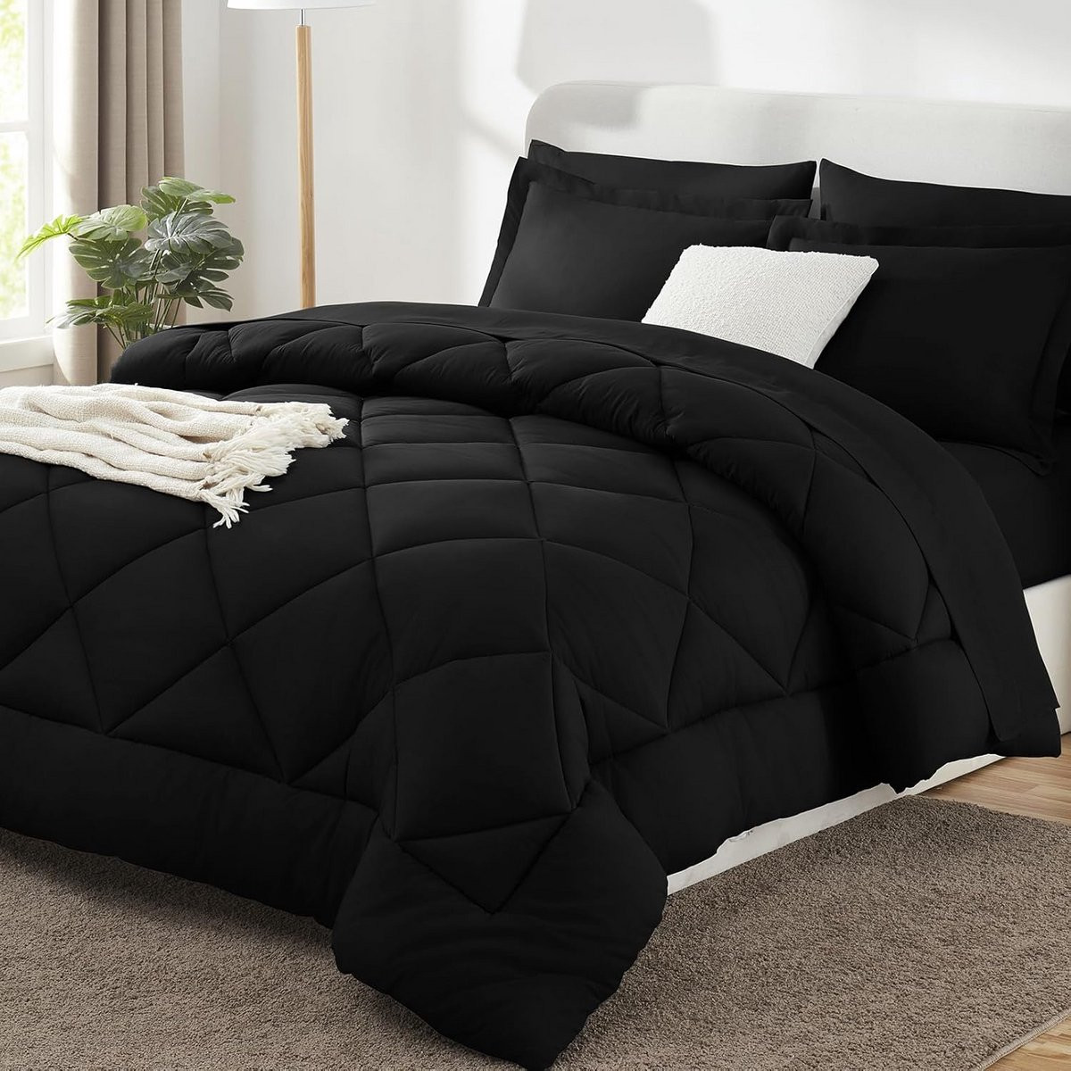 7-delige complete dekbedset in zwart voor volwassenen met opbergtas