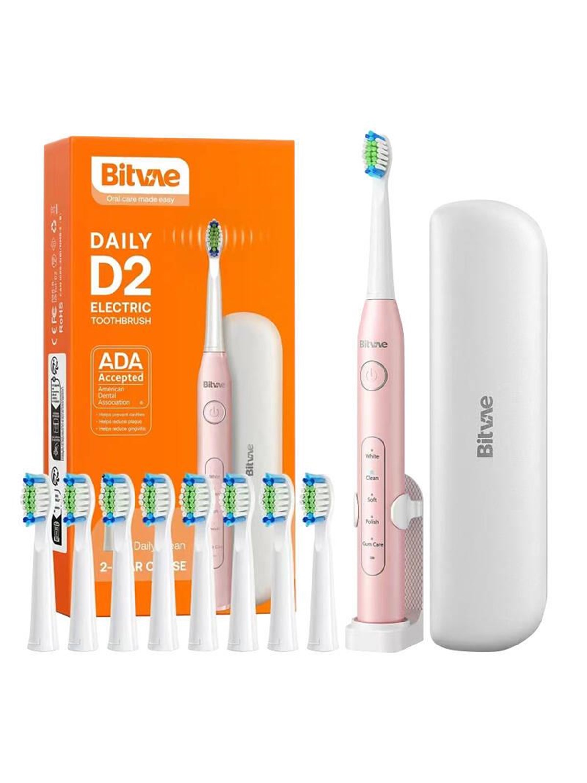 Bitvae Elektrische Zahnbürste Sonic toothbrush with tips set holder and case D2 (pink)