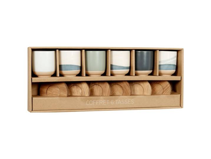 Tassen aus blauem und cremefarbenem Keramik, Set aus 6 mit Untertassen aus Akazienholz