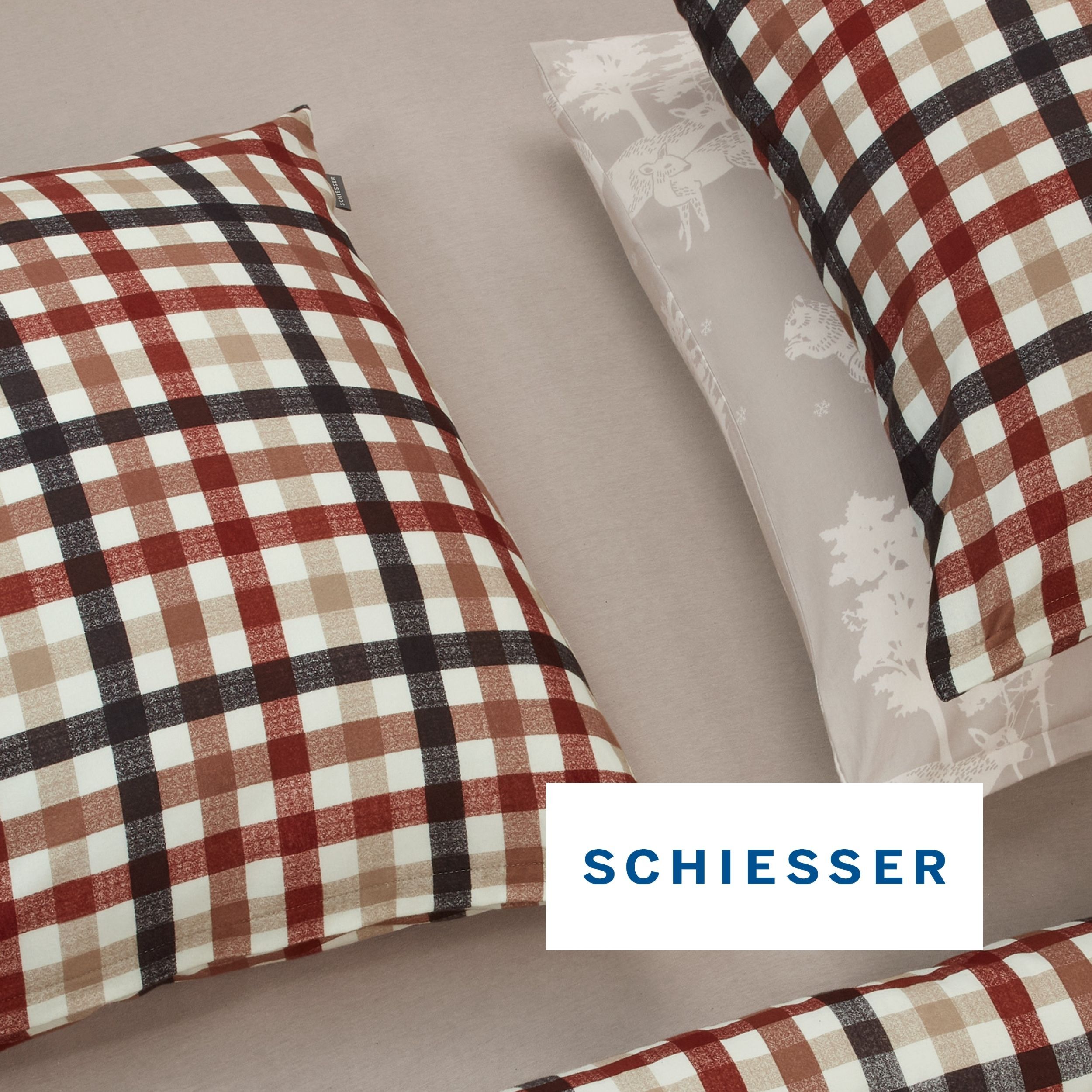Bettwäsche SCHIESSER "James aus weichem Baumwoll-Feinbiber mit traditionellen Karos", braun (braun, blau), B/L: 135cm x 200cm, 1 Stk., 1 Stk., Feinbiber, B/L: 80cm x 80cm, 2 Stk., Feinbiber, Obermaterial: 100% Baumwolle, Bettwäsche, Bettwäsche, OEKO-TEX M