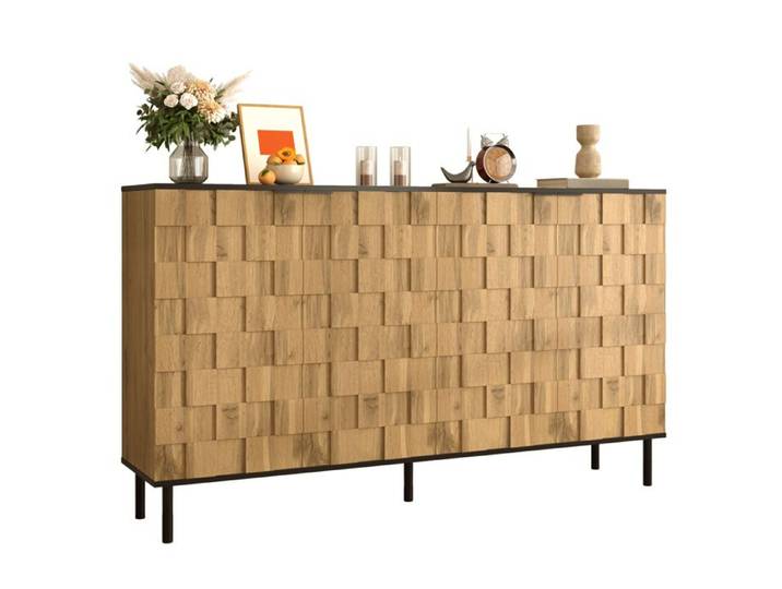 Buffet 2 portes – Mosaïque – aspect bois – pieds métal – 160 cm