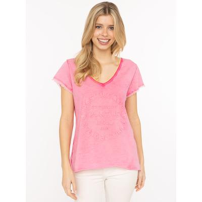 Kurzarmshirt ZWILLINGSHERZ "Positive Mind Neonkante", Damen, Gr. S/M, pink, Jersey, Obermaterial: 100% Baumwolle, unifarben, bequem hüftbedeckend, V-Ausschnitt, leicht ausgefranste Kante, Shirts, ausgefranste Kanten, V-Ausschnitt mit Neonkante,...