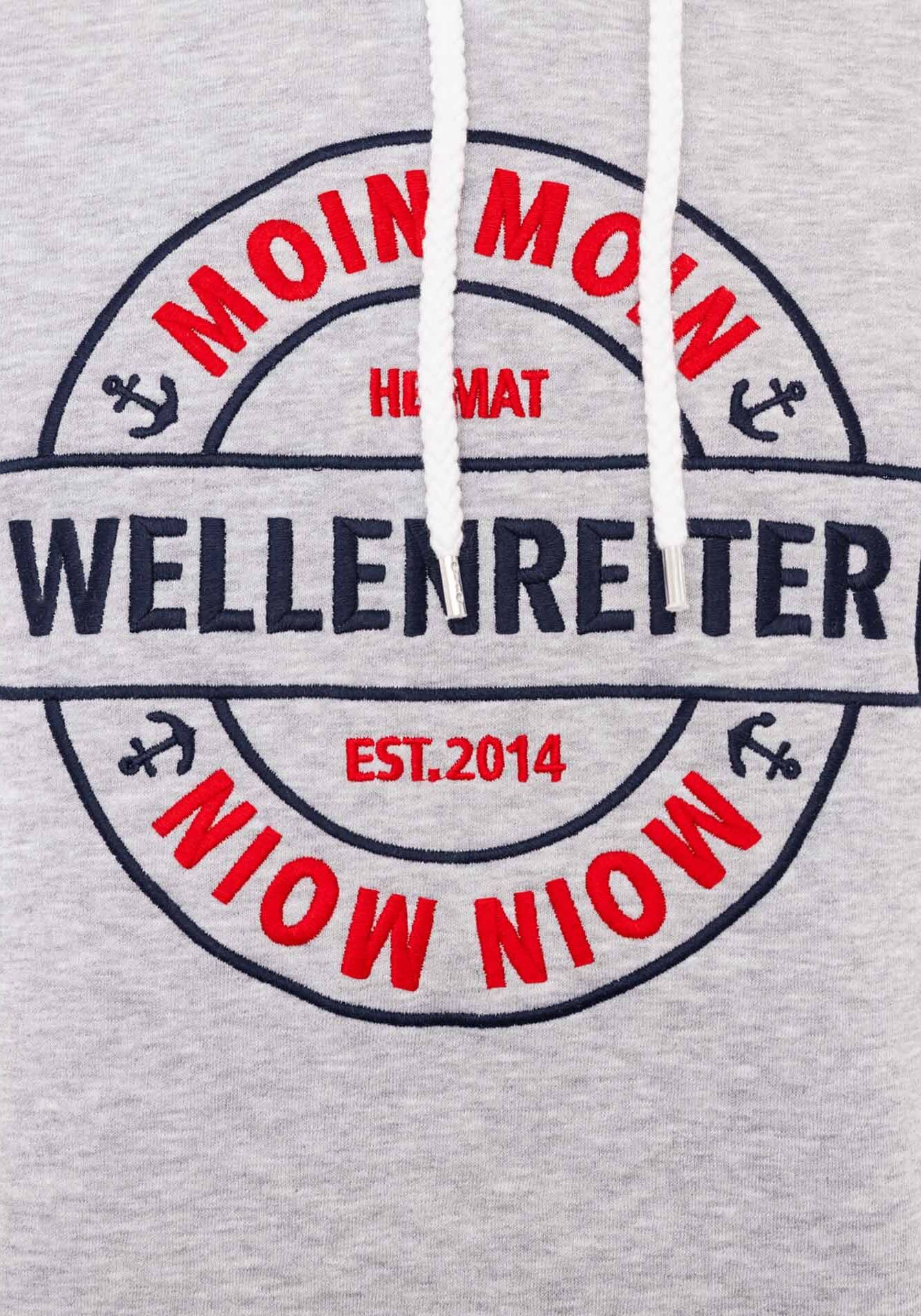 Hoodie ZWILLINGSHERZ "Wellenreiter", Herren, Gr. M, grau (hellgrau), Sweatware, Obermaterial: 50% Baumwolle, 50% Polyester, unifarben, Basic hüftlang, Rundhals, angesetztes Bündchen, Sweatshirts Hoodie, mit Fronttaschen und Kordel hellgrau M
