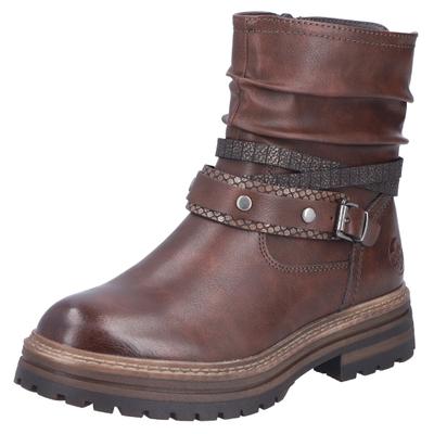 Winterstiefelette RIEKER, Damen, Gr. 36, Warmfutter, braun (kastanie), Lederimitat, used, Basic, Schuhe Winterstiefelette, Boots, Blockabsatz, mit Zierriemchen am slouchy Schaft