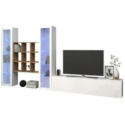 Dmora Ausgestattete Wand Dchiorr, 3-türiges TV-Ständer-Wohnzimmerset mit LED-Licht, 100 % Made in Italy, 350 x 30 x 180 cm, glänzendes Weiß und Ahorn,