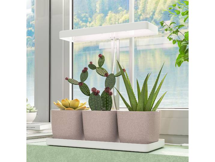 Outsunny Lampes Plantes 42 LED Minuterie Pots Blanc 45x18.8x47.8 cm