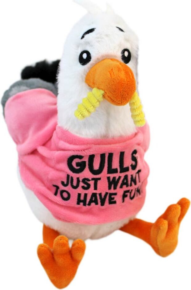 BEMIRO Knuffelmeeuw met roze T-shirt en grappige spreuken, 32 cm