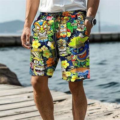 Herren Maske Indische Kultur Blumen / Pflanzen Badehosen Badeshorts Boardshorts Mittlere Taille Urlaub Hawaiianisch Ethnisch Urlaub Ferien Strand Kordelzug mit Mesh-Futter Elastischer Bund Designer
