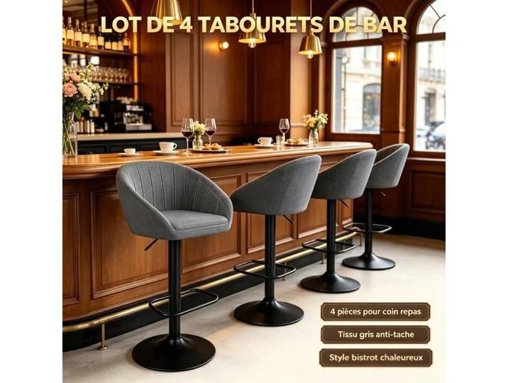 PIPIPOXER Lot de 4 Tabouret de bar tissu coquille chaise comptoir réglable pivot 360° mobilier îlot cuisine familial 52x40x85/105