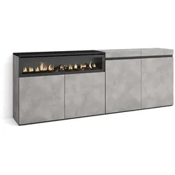 SKRAUT HOME Sideboard, Schrank, Küche, Sideboard, Flurmöbel, 200x35x75cm, 4 Türen, Elektrischer Kamin, Moderner Stil, Zementgrau _ 61_3