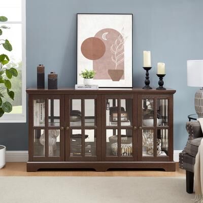 Lighted Bookcase with RGB LED Strip and Glass Doors, 4-Door Display Shelf with Adjustable Shelves, Freestanding Bookshelf