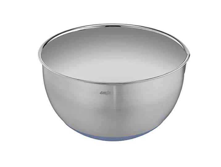 Emsa Prep&Bake Rührschüssel aus Edelstahl 22 cm, Rutschfester Boden in Blau, Kratzfest, Edelstahl Schüssel mit Ausgießrand, Stapelbar, K3272234