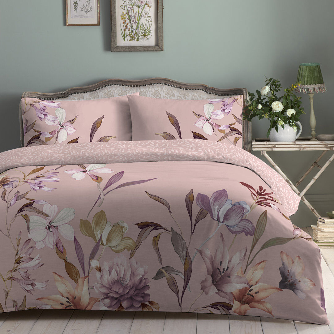 AppleTree Arabella Cotton Floral Duvet Cover Set Blush Super King Bed (260 x 220 cm)