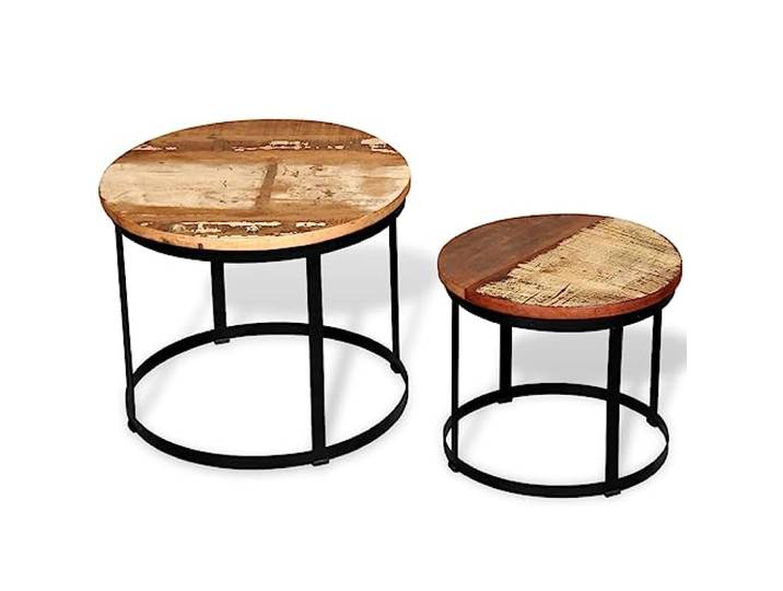 Couchtisch, rund, aus recyceltem Holz, massiv, Set mit 2 Beistelltischen, 40 cm