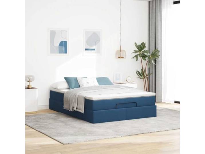 KTHLBRH Boxspringbett 140 x 190 cm mit Federkernmatratze blau Lattenrost inklusive, hydraulischer Aufzug, atmungsaktiver Stoff, inklusive Matratzenschoner
