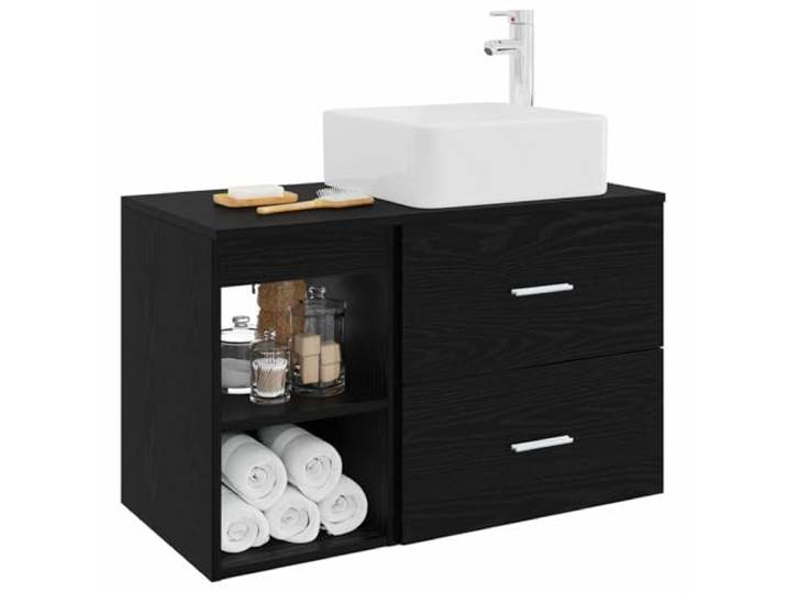 KTHLBRH Badezimmermöbel-Set 2-teilig Eiche schwarz Technisches Holz, Wandmontage, mit Waschbecken und Wasserhahn, 1 Einlegeboden, 1 Schublade