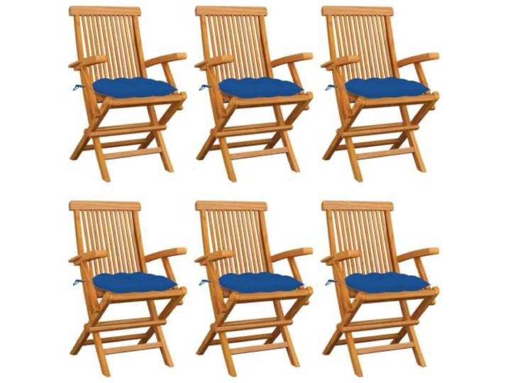 6er Set Klappstühle mit Blauen Kissen, Massivholz Teakholz, Gartenstühle Massives Teakholz, dick gepolsterte Kissen, platzsparend klappbar, bis 110 kg belastbar
