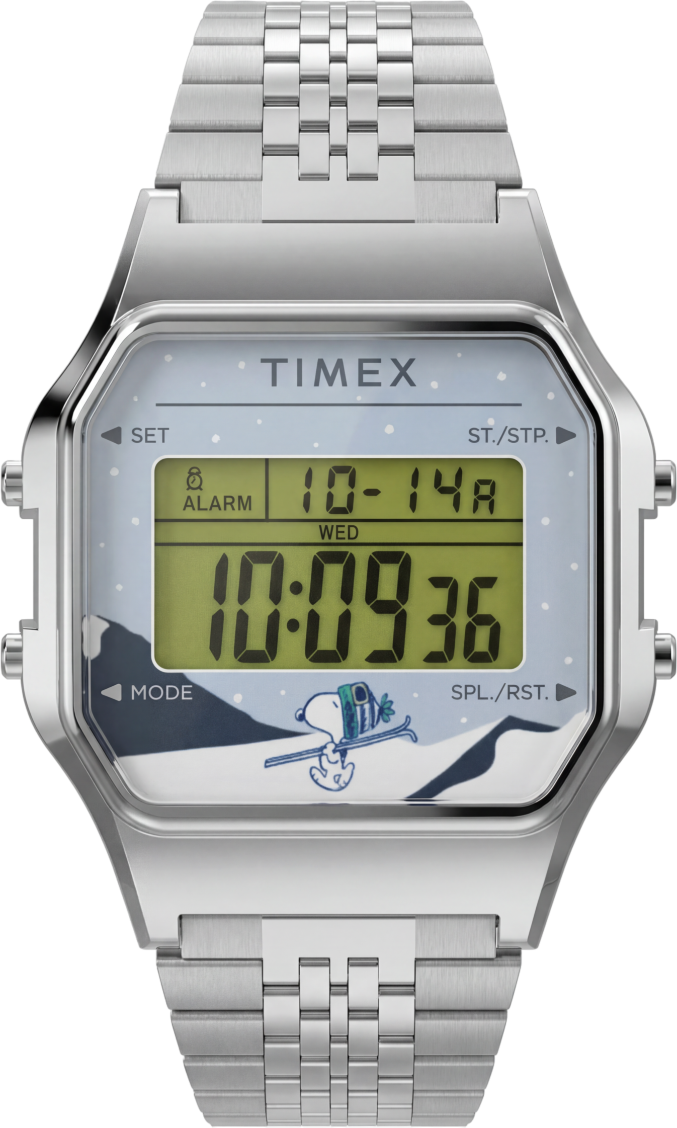 Digitaluhr TIMEX "PEANUTS TIMEX 80", silber (silberfarben, bunt), Armbanduhren, Damen, silberfarben, Digitaluhr, Quarzuhr, Armbanduhr, Damenuhr, Herrenuhr, Edelstahlarmband, digital