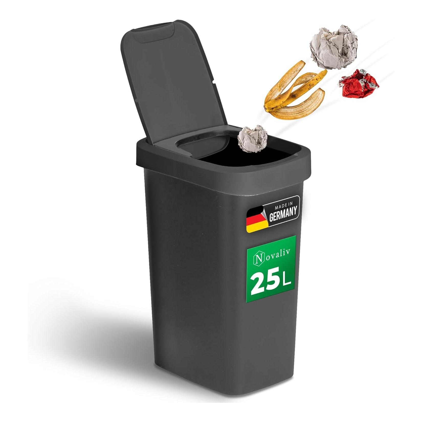 Novaliv Mülleimer 25L mit 2in1 Deckel, Klappdeckel & Schwingdeckel, Anti-Geruch Abfalleimer für Küche Haushalt Büro, Müll Eimer Abfall Trash Kunststoff Abfallbehälter Mülltonne Müllbehälter