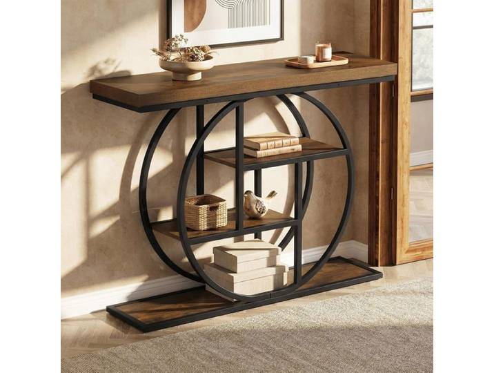 Table de Console - COSTWAY - Charge 50 kg Style Industriel 105CM 4 Niveaux Patins Réglables Anti-basculement Entrée Couloir Salon