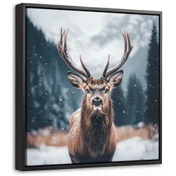LEINWAND Bilder mit Rahmen - Hirsche - Tiere - Landschaft - Winter - Schnee - 20x20
