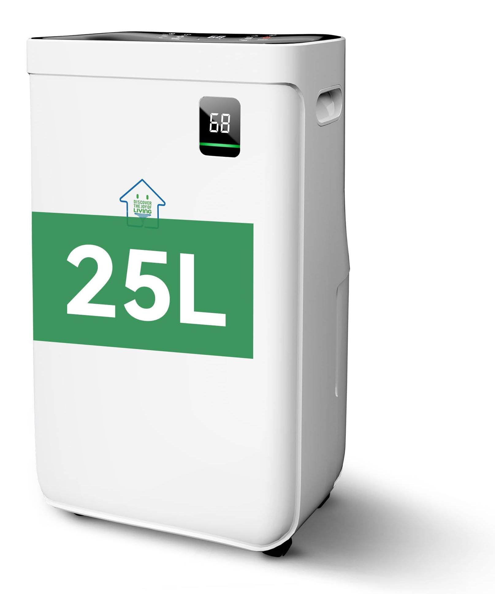 Luftentfeuchter mit einer Entfeuchtungsleistung von 25 Litern pro Tag, geeignet für Räume von ca. 80 Quadratmetern (215 Kubikmeter)