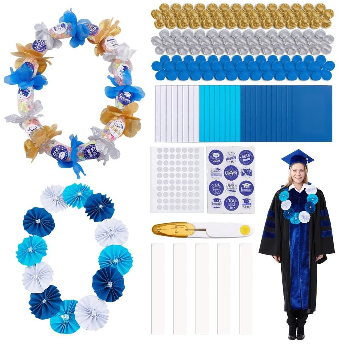 Dailygoods Afstudeer Lei Set met 8 stuks kunstmatige bloemblaadjes, 45 stuks craft paper en schaar in 3 kleuren