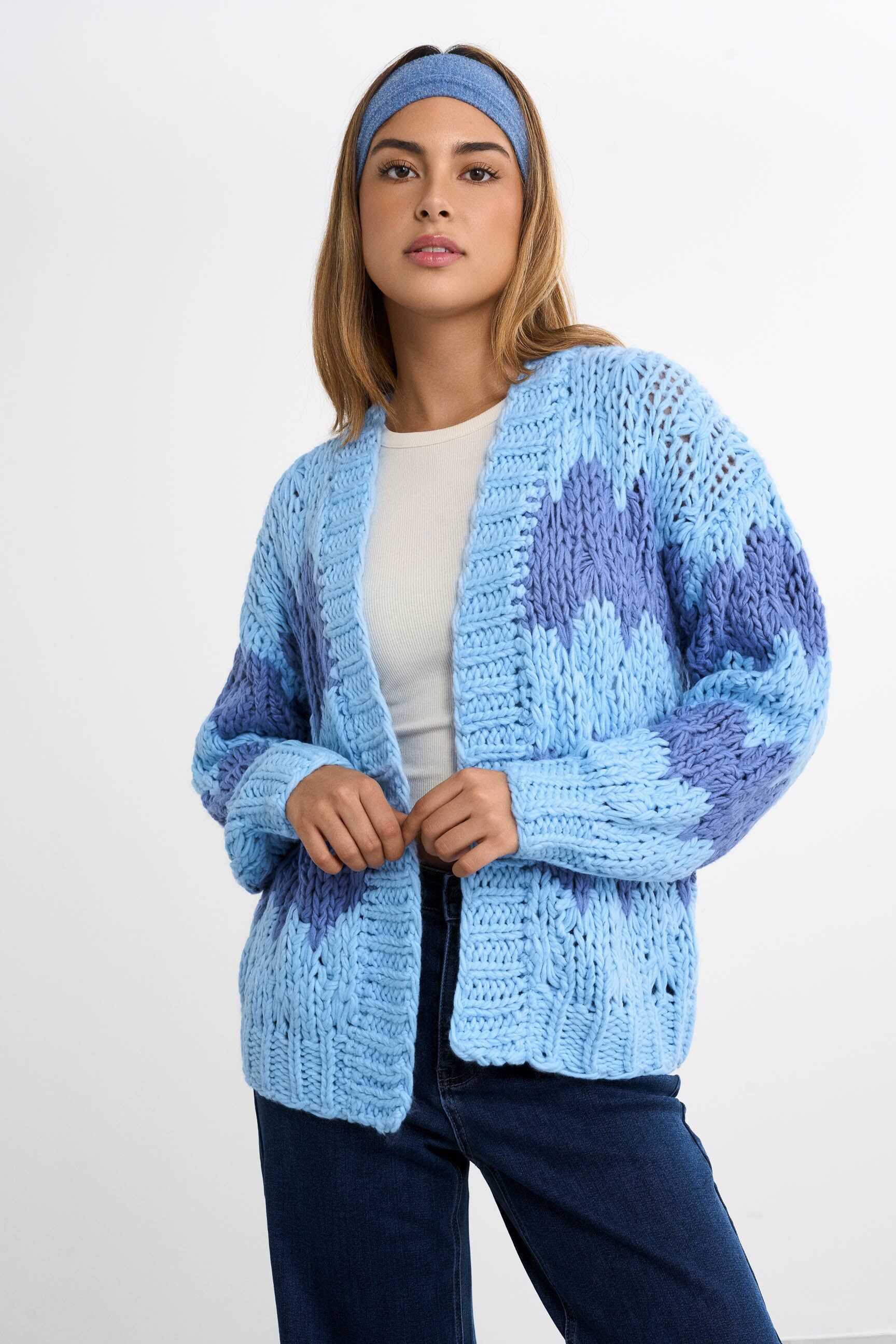 FAMME - Chunky Knit Cardigan - Blue/Blue / S