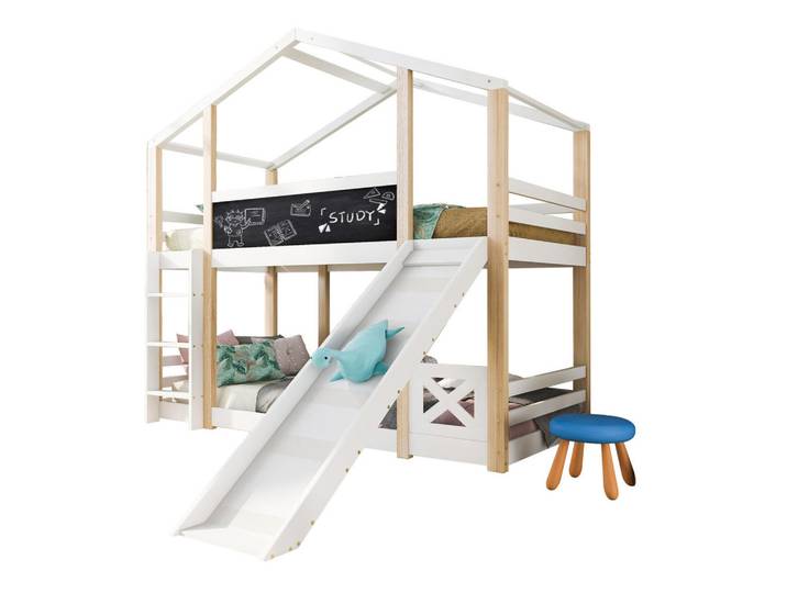 Modfu Etagenbett aus Massivholz 90x200 cm in Weiß mit Rutsche & Leiter, Holz, 90x200 cm, Babymöbel & Kindermöbel, Kinderzimmer & Jugendzimmer, Stockbetten
