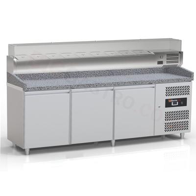 Pizzakühltisch - Pizzatisch mit 3 Türen inkl. Glaskühlaufsatzvitrine für 1/3 GN Behälter - IDEAL graue Granitarbeitsplatte
