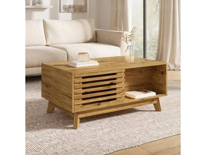 BXEYXE Couchtisch Modern Retro, höhenverstellbare Tischplatte, verschiebbare Jalousietür, Holz-Optik, MDF-Korpus, multifunktionaler Wohnzimmertisch