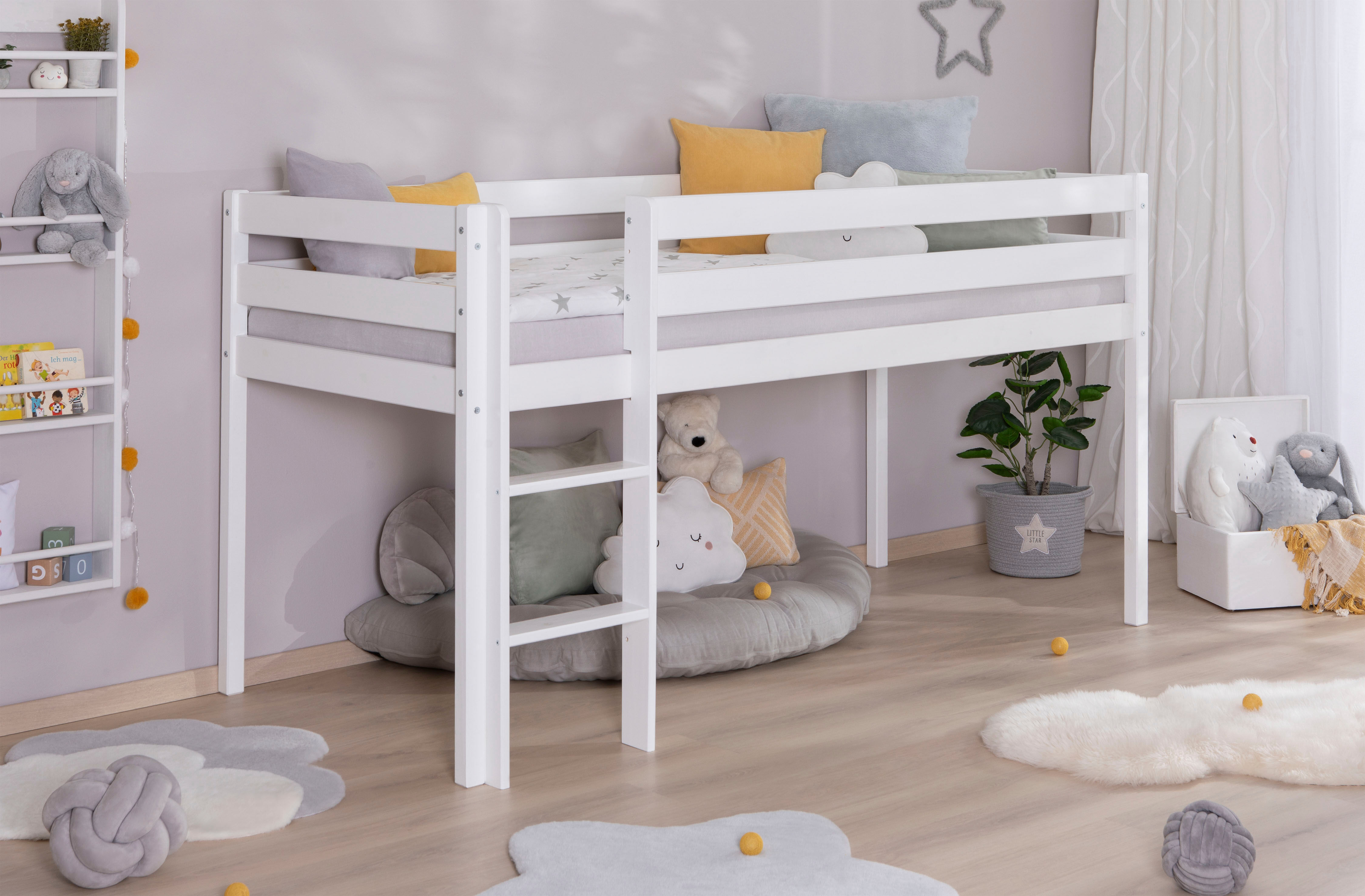 Hochbett TICAA "Malte, FSC-zertifizierte Kiefer", weiß (kiefer massiv weiß), B:101cm H:114cm L:205cm, Hochbetten, Hochbett, mit Rollrost