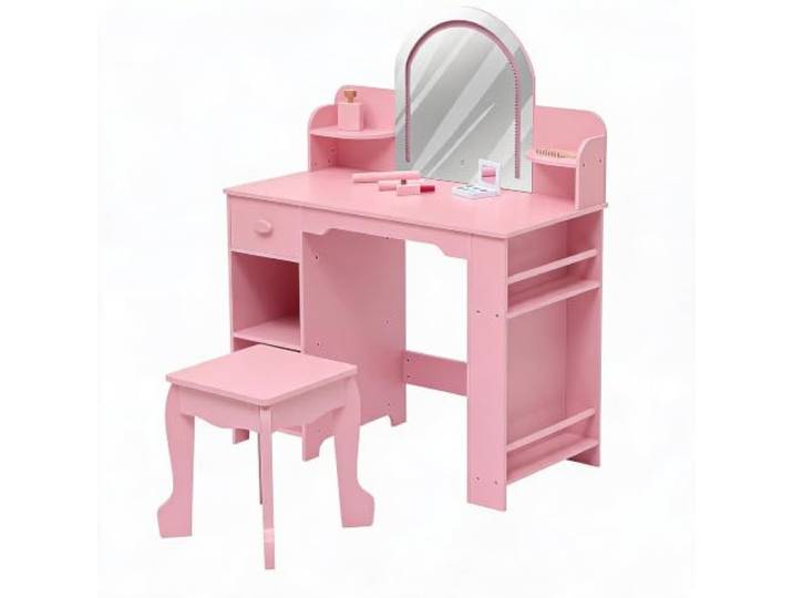 CherishCradle Kinder-Schminktisch mit LED-Spiegel Verstellbarer Beleuchtung – Rosa mit Zubehör, Ablagefächern & Hocker für Mädchen 3–9 Jahre