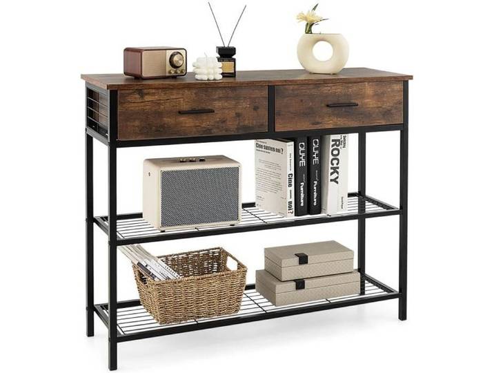 COSTWAY Table Console à 2 niveaux 2 Tiroirs - 100 x 30 x 81 5 CM Style Industriel. Cadre en Métal Meuble d' Entrée Marron