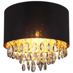 LED Deckenleuchte schwarz gold Deckenlampe Kristall Esstischlampe Wohnzimmerleuchte, Glaskristalle Metall Textil, 1x E27 LED warmweiß, DxH 40 x 33 cm