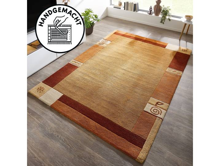 Wollteppich THEKO Tromso, Wolle, Handgefertigt, Bordüre mit Hoch-Tief-Effekt Gr. 8, braun (terra), B:300cm H:15mm L:400cm, Wolle, Teppiche, Wollteppich, Wohnzimmer, Schlafzimmer, Esszimmer