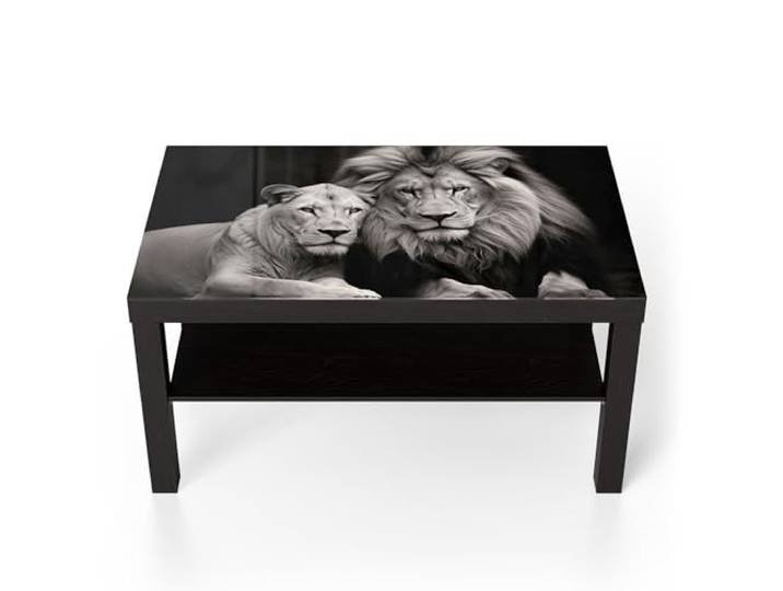 DEQORI Glastisch schwarz groß 90x50 cm Motiv Stolzes Löwenpaar ausgefallener Beistelltisch aus Glas Hochglanz Couchtisch fürs Wohnzimmer moderner Couch Tisch mit Design