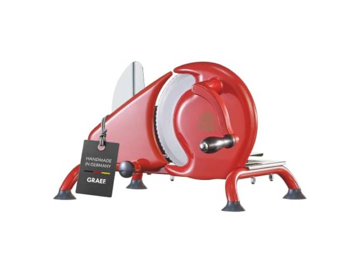 GRAEF Manuale H93 Manueller Allesschneider, Made in Germany, Vollmetall Einfache Bedienung per Handkurbel, Edelstahl-Wellenschliffmesser Ø 190 mm, Schnittstärke 0-15 mm, Brotschneidemaschine, Rot