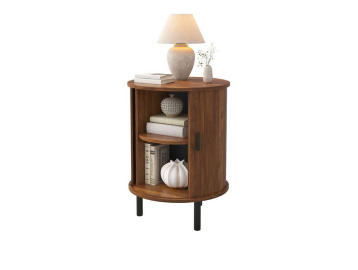 Table Basse Noyer Rangement Portes Coulissantes Angles Arrondis Structure Robuste Entretien Facile - 48x48x65cm - Salon