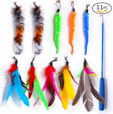 Inspire Curations FlutterCatch Retractable Cat Wand Toy With Feather & Caterpillar Refill Set blue