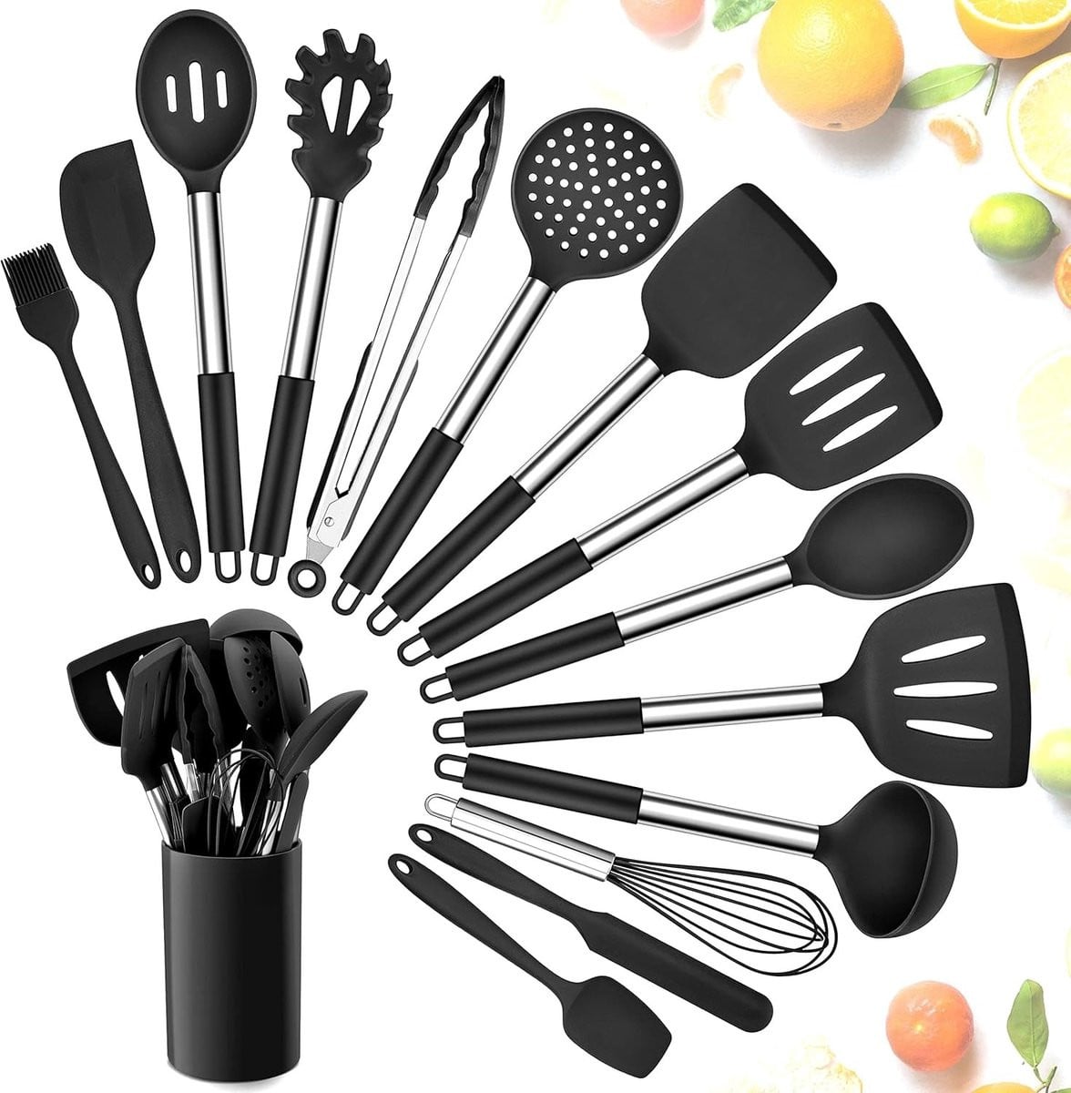 Complete 15-delige siliconen keukengereedschapset met houder en hittebestendige handgrepen