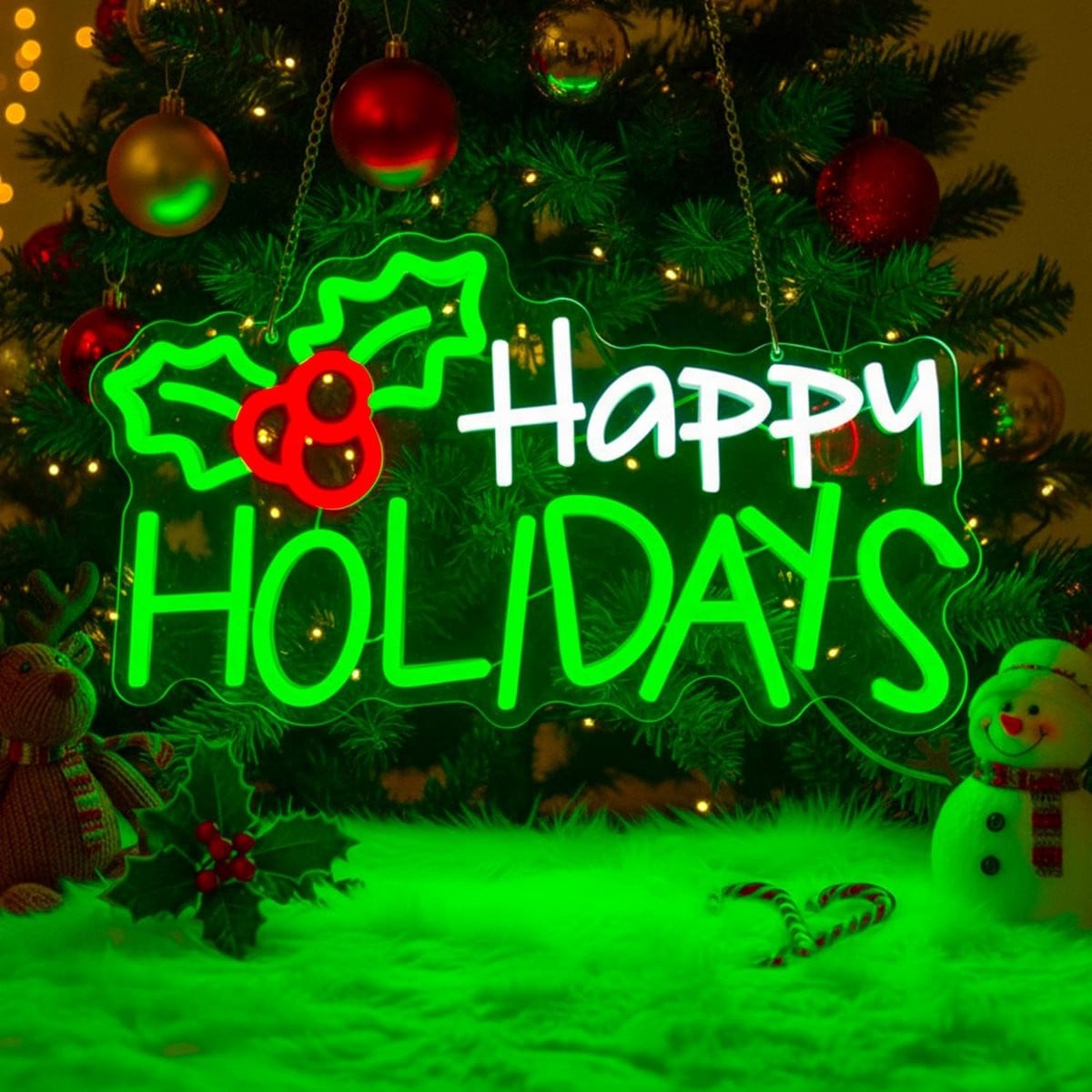 Happy Holidays Neon LED Lamp witgroen met hulstbessen