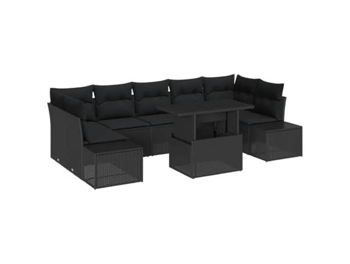 ZQQLVOO Sofa Set 8 STK. Schwarz Poly-Rattan Rechteckige Form, Stahlrahmen pulverbeschichtet, Sicherheitsglas Tischplatte, abnehmbare Polyester Sitzkissen,