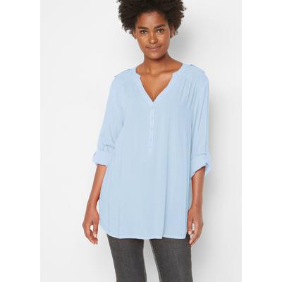 Tunika BONPRIX "Tunikabluse aus softer Viskose", Damen, Gr. 44, blau (hellblau), Obermaterial: 100% Viskose, regular fit, Tuniken, Casual Stil, Regular Fit, mit Rundsaum, mit Knopfleiste