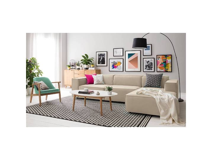 Ecksofa mit Longchair Beige/Beige Samt Shyla 294cm Longchair davorstehend rechts Keine Funktion Glamour