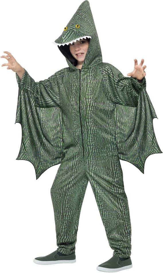 Smiffys Pterodactyl Dinosaur Costume, Green with Hooded Jumpsuit & Attached Wings, Children's Animal Fancy Dress, Animal Dress Up Costumes Smiffys