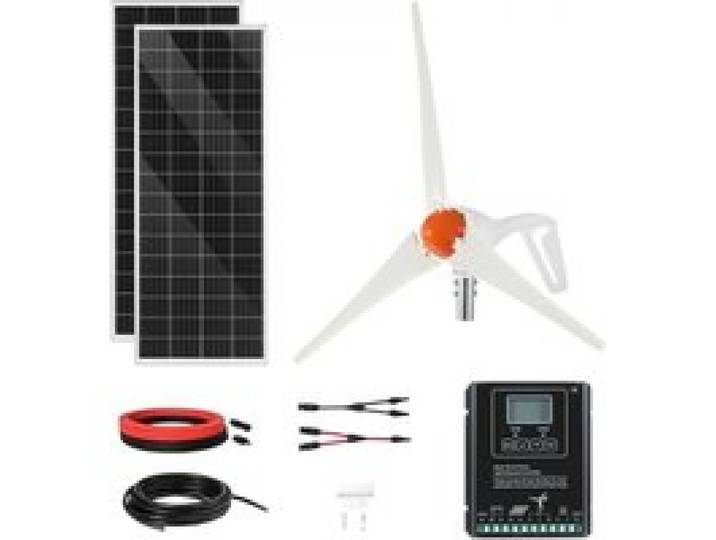 VEVOR Kit d'Énergie Éolienne et Solaire 12 V 400 W, 2 Panneaux Solaires Monocristallins 100 W, avec Éolienne 200 W, Contrôleur de Système Hybride MPPT pour Hors Réseau, Camping-car, Bateau, Maison